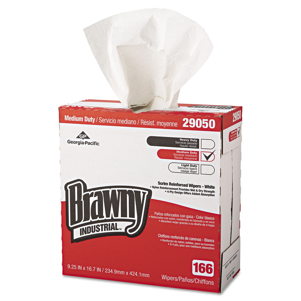 Medium Duty Scrim Reinforced Wipers, 4-Ply, 9.25 x 16.69, Unscented, White, 166/Box, 5 Boxes/Carton