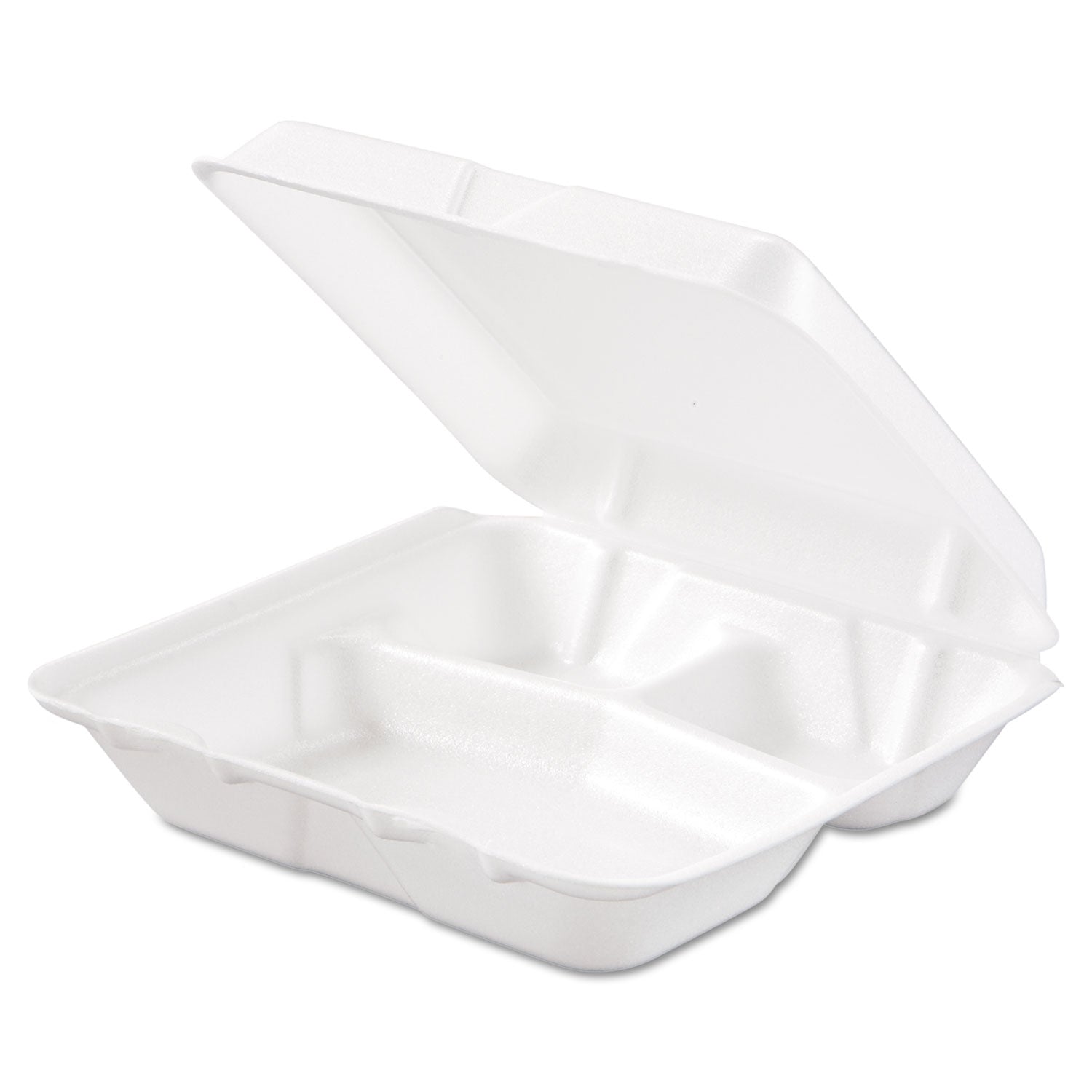 Foam Hinged Lid Containers, 3-Compartment, 7.5 x 8 x 2.3, White, 200/Carton - 