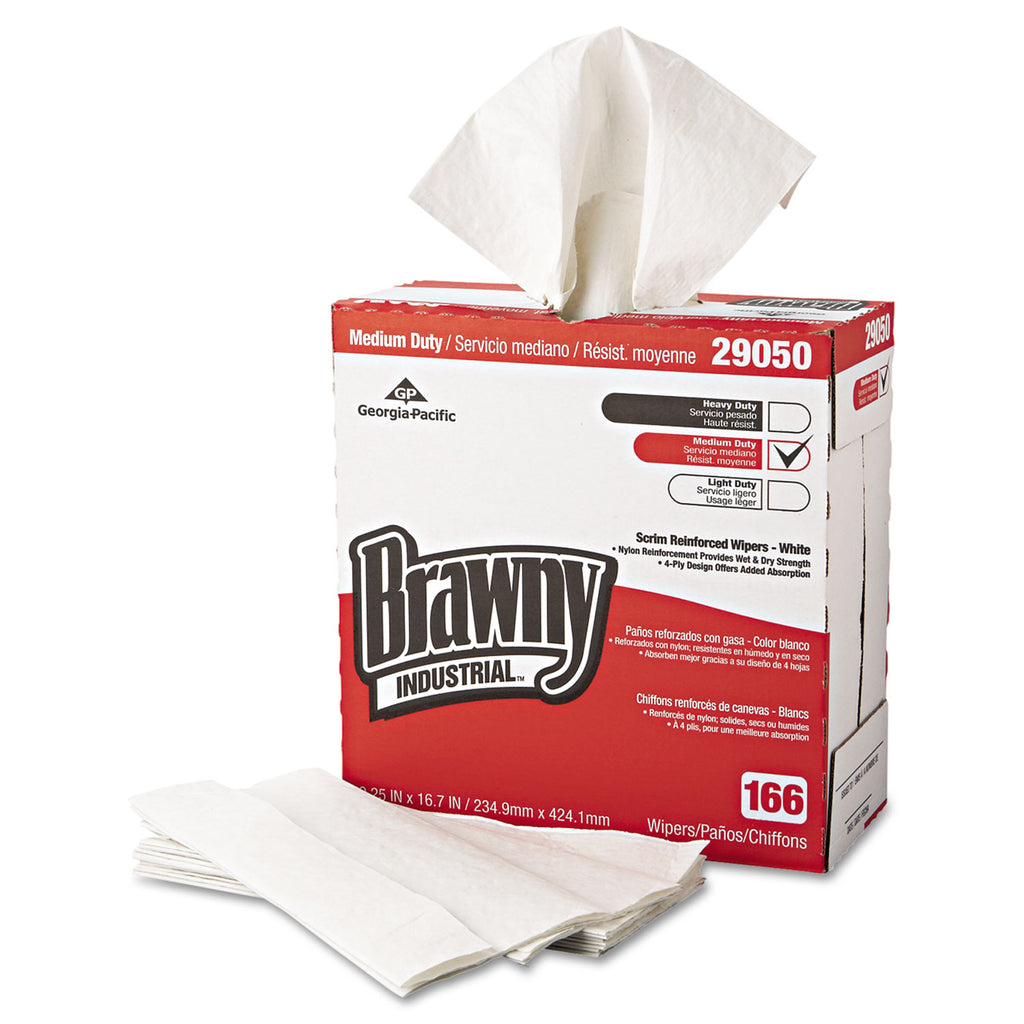 Medium Duty Scrim Reinforced Wipers, 4-Ply, 9.25 x 16.69, Unscented, White, 166/Box, 5 Boxes/Carton