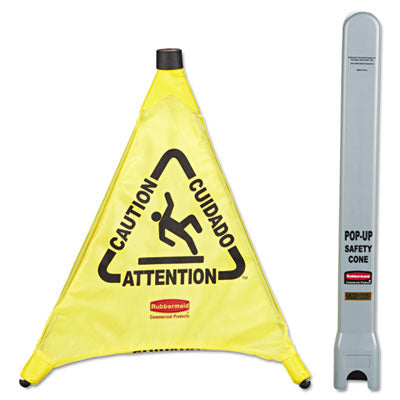 Multilingual ''Caution'' Pop-Up Safety Cone, 3-Sided, Fabric, 21 x 21 x 20, Yellow - 