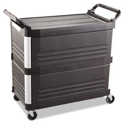 Xtra Utility Cart with Enclosed Sides and Back, Plastic, 3 Shelves, 300 lb Capacity, 20" x 40.63" x 37.8", Black - 