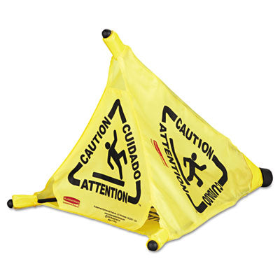 Multilingual ''Caution'' Pop-Up Safety Cone, 3-Sided, Fabric, 21 x 21 x 20, Yellow - 