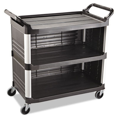 Xtra Utility Cart with Enclosed Sides and Back, Plastic, 3 Shelves, 300 lb Capacity, 20" x 40.63" x 37.8", Black - 