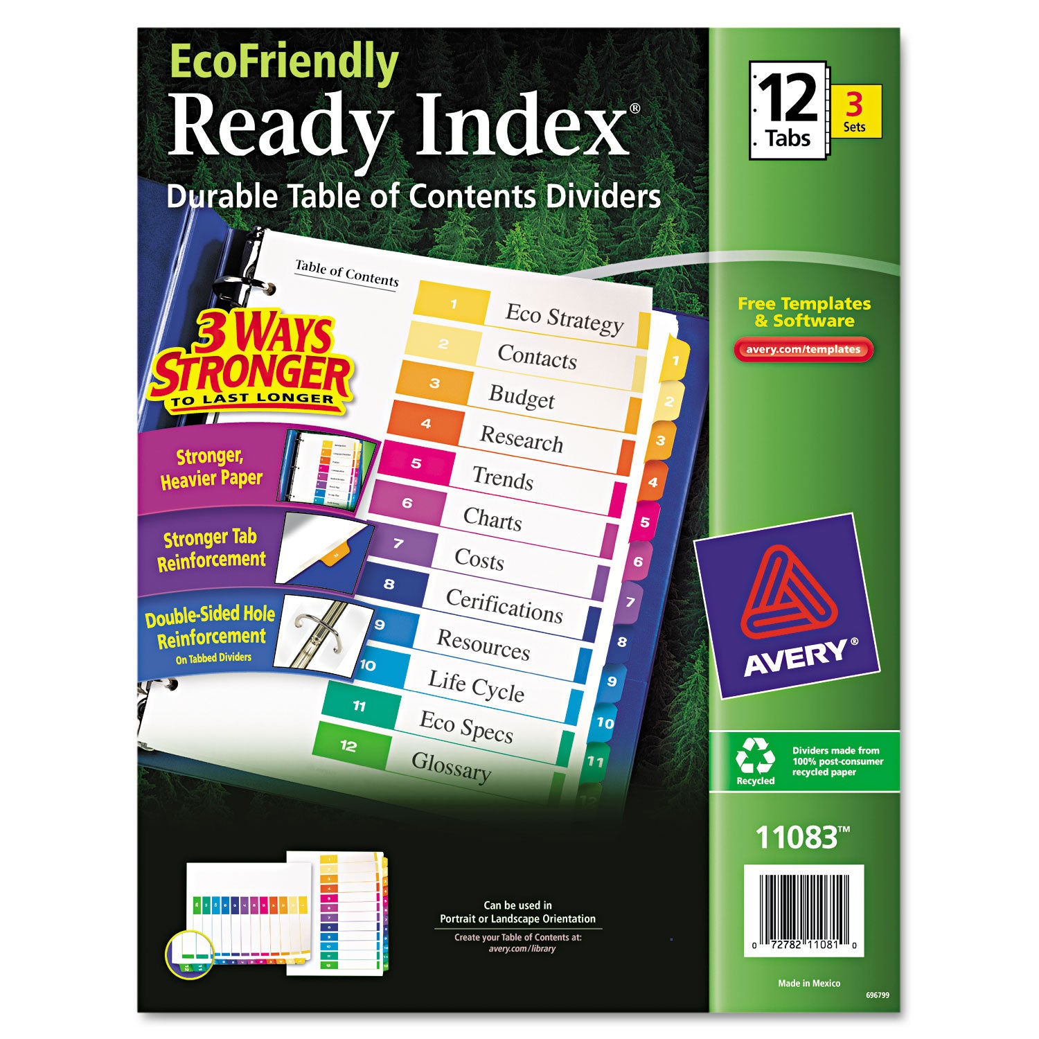 Customizable Table of Contents Ready Index Dividers with Multicolor Tabs, 12-Tab, 1 to 12, 11 x 8.5, White, 3 Sets - 