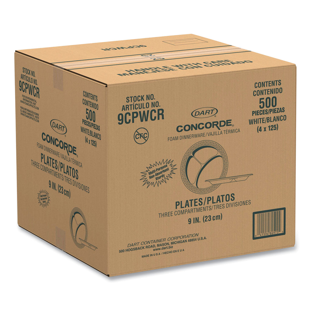 Concorde Foam Plate, 3-Compartment, 9" dia, White, 125/Pack, 4 Packs/Carton