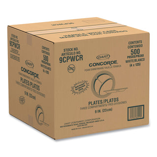 Concorde Foam Plate, 3-Compartment, 9" dia, White, 125/Pack, 4 Packs/Carton