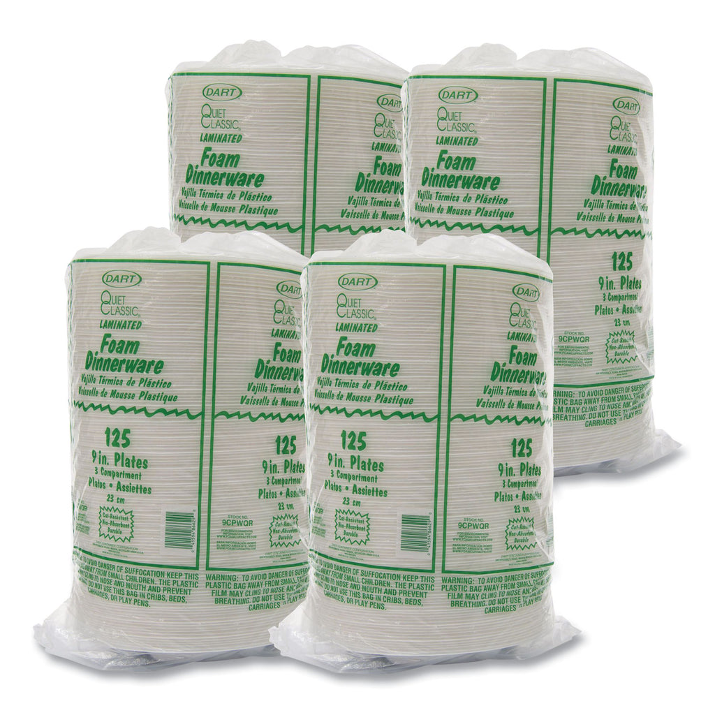 Quiet Classic Laminated Foam Plates, 3-Compartment, 9" dia, White, 125/Pack, 4 Packs/Carton