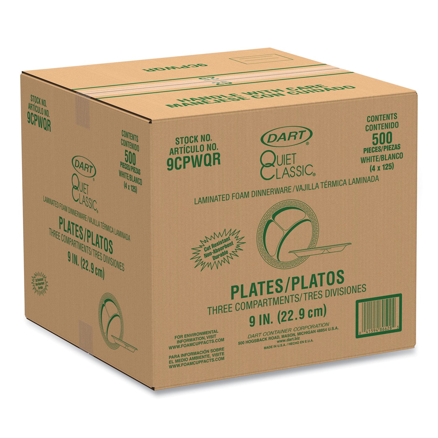 Quiet Classic Laminated Foam Plates, 3-Compartment, 9" dia, White, 125/Pack, 4 Packs/Carton
