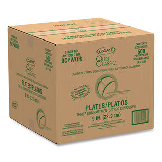 Quiet Classic Laminated Foam Plates, 3-Compartment, 9" dia, White, 125/Pack, 4 Packs/Carton