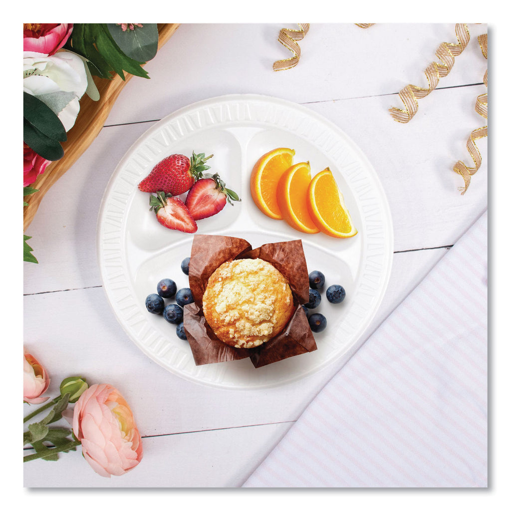 Quiet Classic Laminated Foam Plates, 3-Compartment, 9" dia, White, 125/Pack, 4 Packs/Carton
