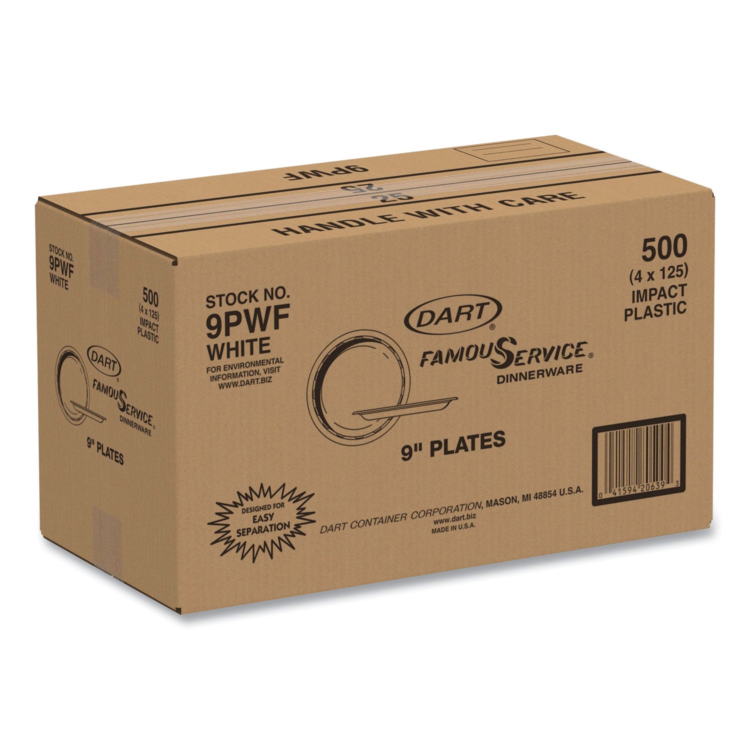 Famous Service Plastic Dinnerware, Plate, 9", White, 125/Pack, 4 Packs/Carton - 
