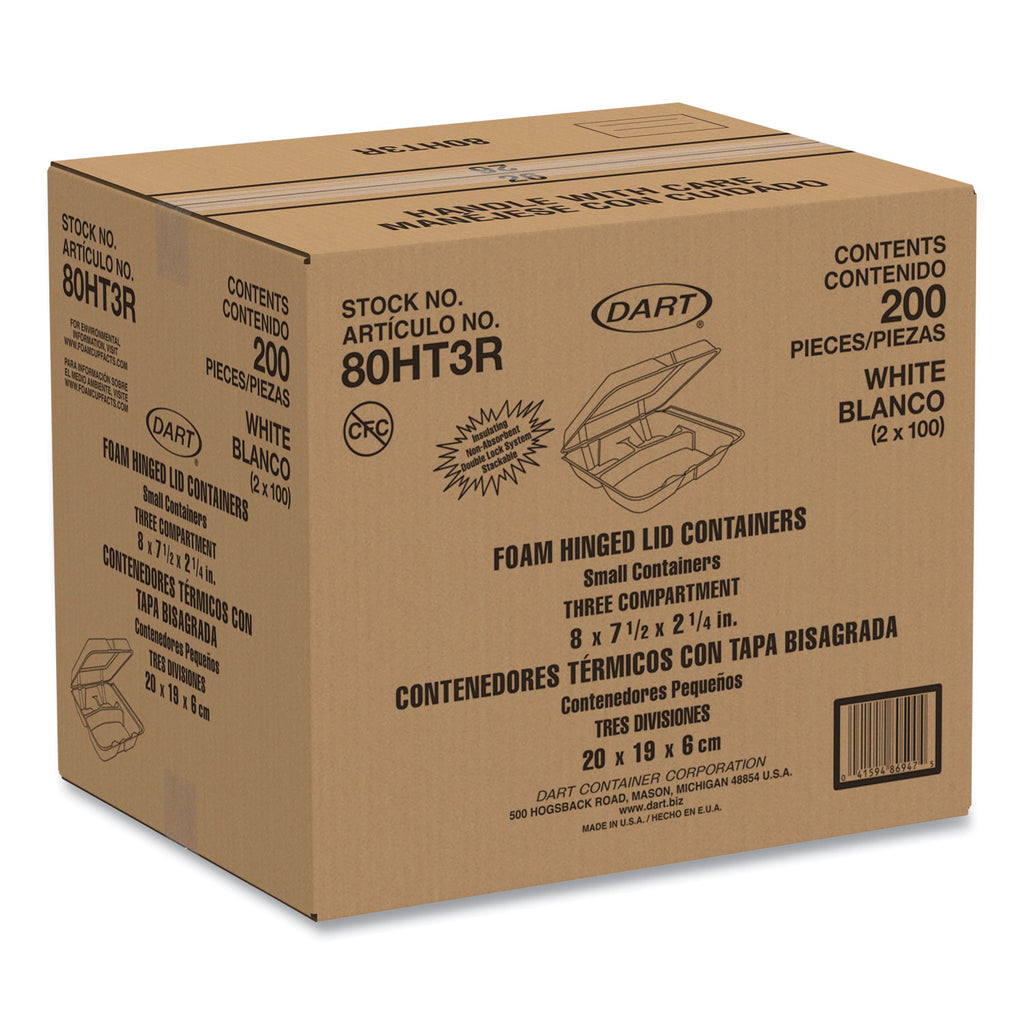 Foam Hinged Lid Containers, 3-Compartment, 7.5 x 8 x 2.3, White, 200/Carton