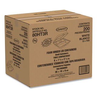 Foam Hinged Lid Containers, 3-Compartment, 7.5 x 8 x 2.3, White, 200/Carton