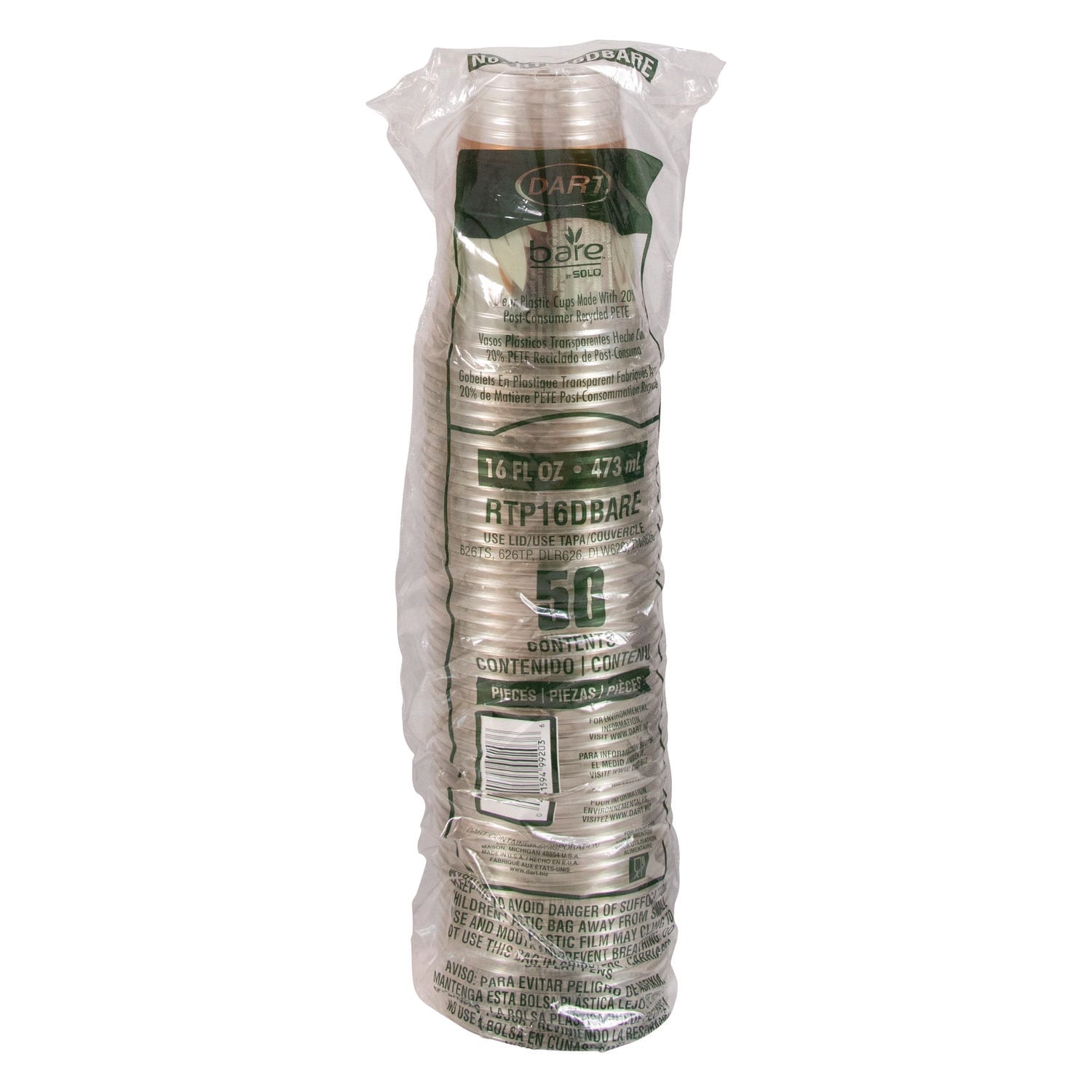 Bare Eco-Forward RPET Cold Cups, ProPlanet Seal, 16 oz to 18 oz, Leaf Design, Clear, 50/Pack, 20 Packs/Carton