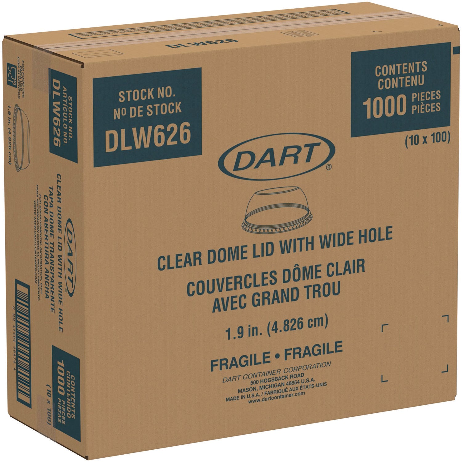 Open-Top Dome Lid, Fits 16 oz to 24 oz Plastic Cups, Clear, 1.9" Dia Hole, 1,000/Carton