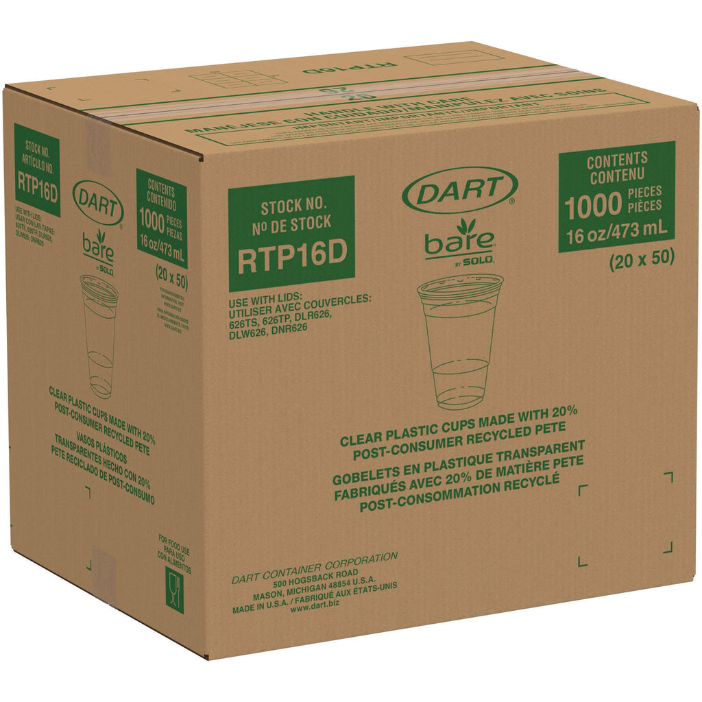 Bare Eco-Forward RPET Cold Cups, ProPlanet Seal, 16 oz to 18 oz, Leaf Design, Clear, 50/Pack, 20 Packs/Carton