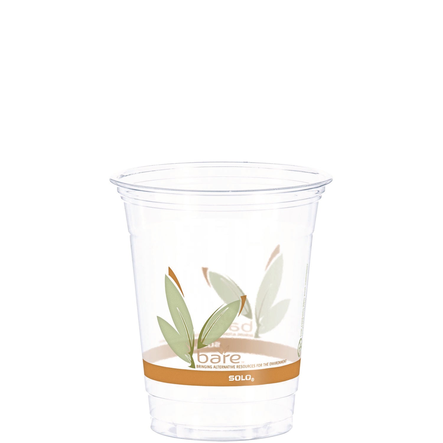 Bare Eco-Forward RPET Cold Cups, 12 oz to 14 oz, Leaf Design, Clear, Squat, 50/Pack - 