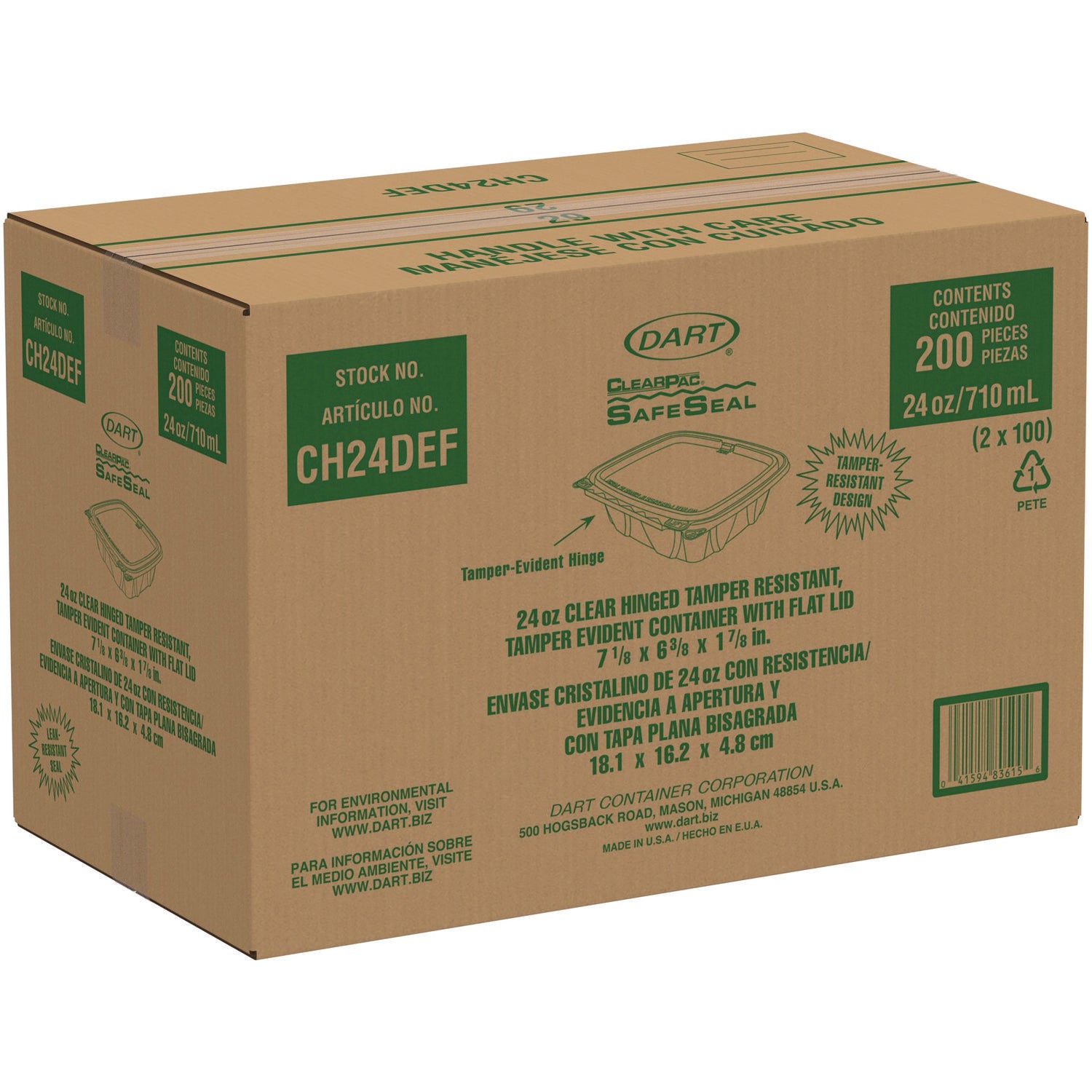 ClearPac SafeSeal rPET Tamper-Resistant Container, ProPlanet Seal, Flat Lid, 24oz, 6.4 x 1.9 x 7.1, Clear, 100/Bag, 2 Bags/CT