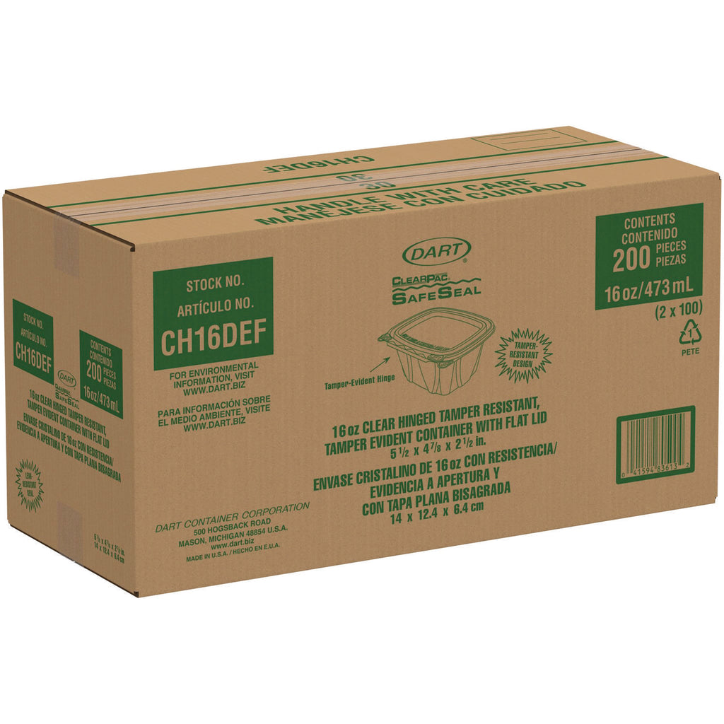 ClearPac SafeSeal Tamper-Resistant/Evident Containers, Flat Lid, 16 oz, 4.9 x 2.5 x 5.5, Clear, Plastic, 100/Bag, 2 Bags/CT