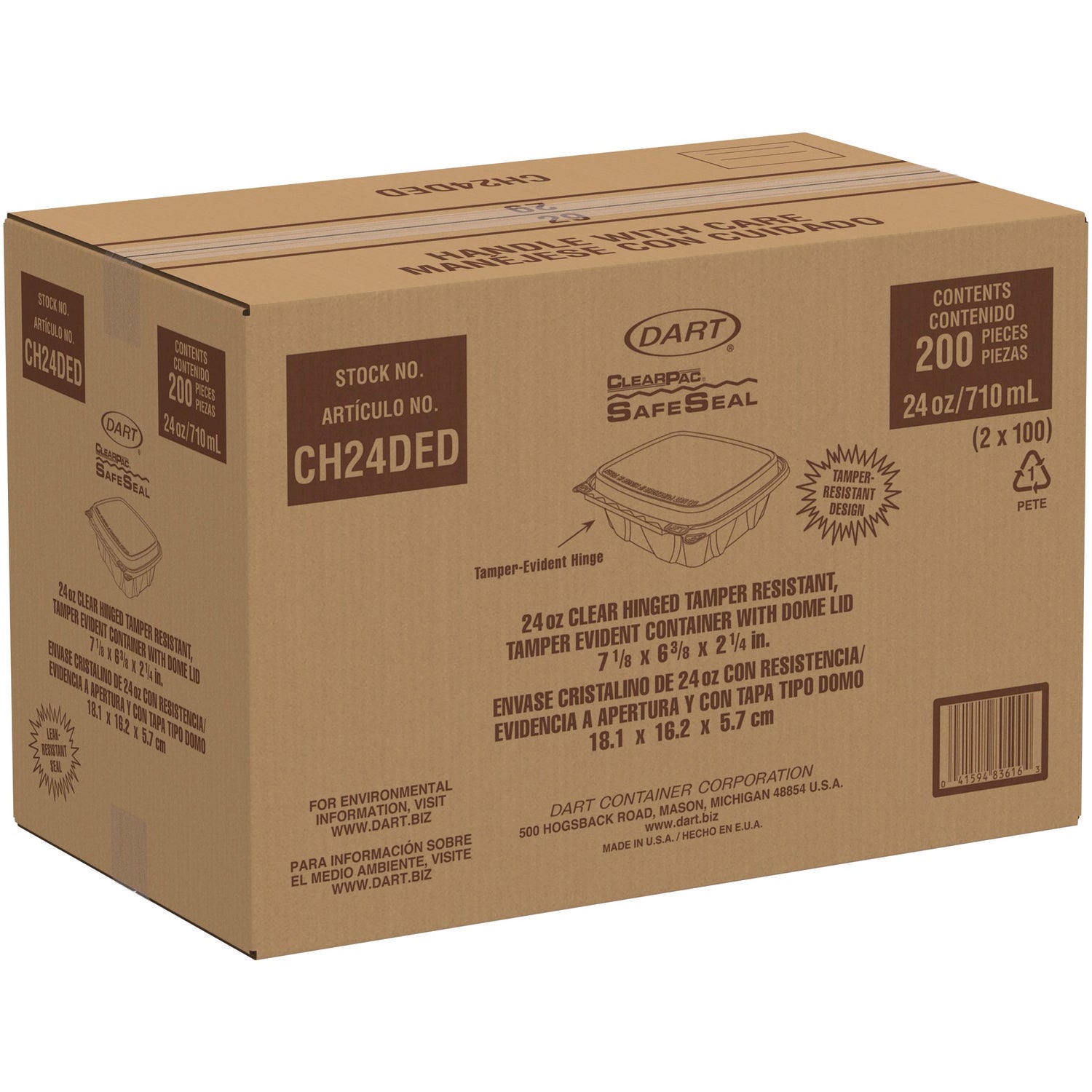 ClearPac SafeSeal Tamper-Resistant/Evident Containers, Domed Lid, 24 oz, 6.4 x 2.3 x 7.1, Clear, Plastic, 100/Bag, 2 Bags/CT