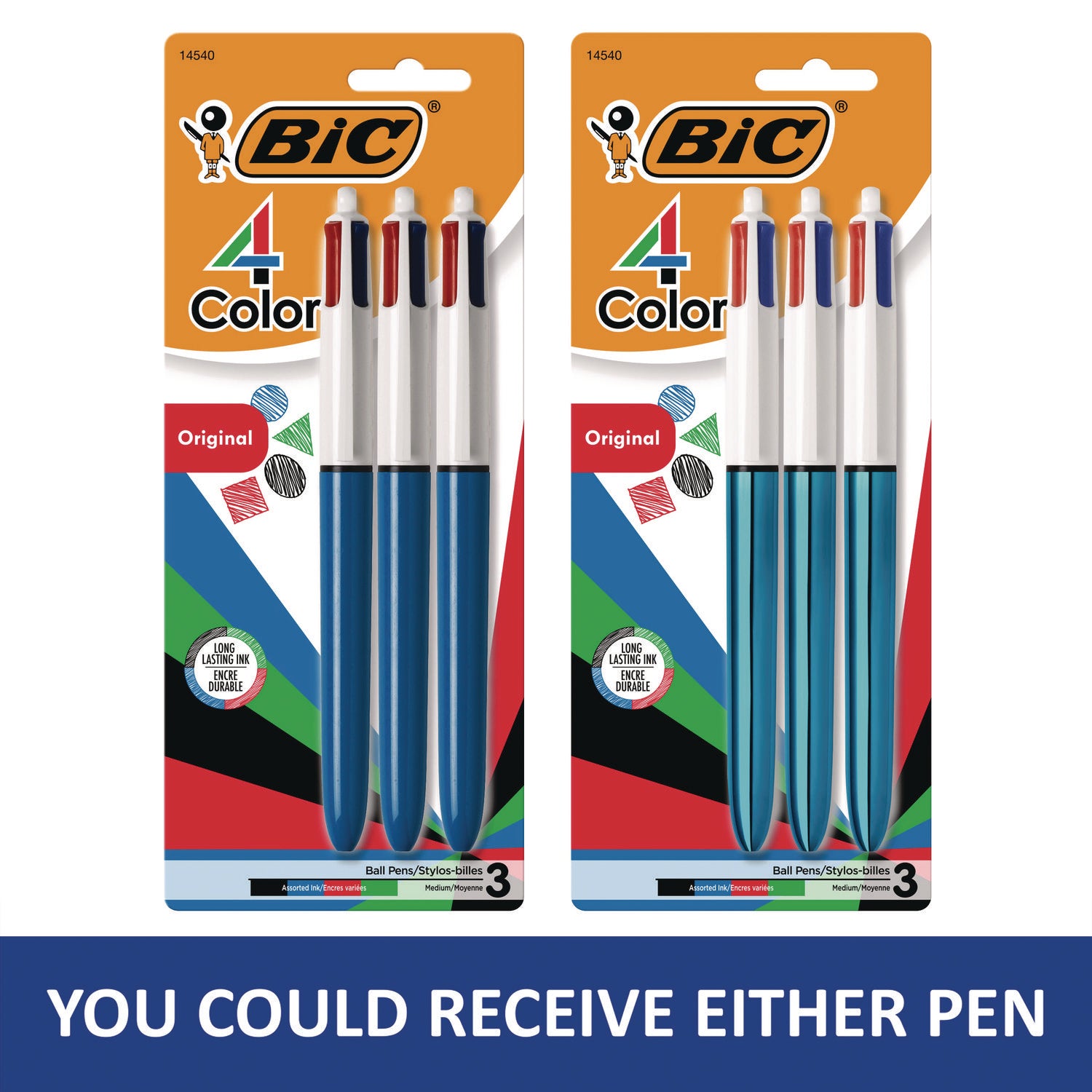 4-Color Multi-Color Ballpoint Pen, Retractable, Medium 1mm, Black/Blue/Green/Red Ink, Randomly Assorted Barrel Colors, 3/Pack - 