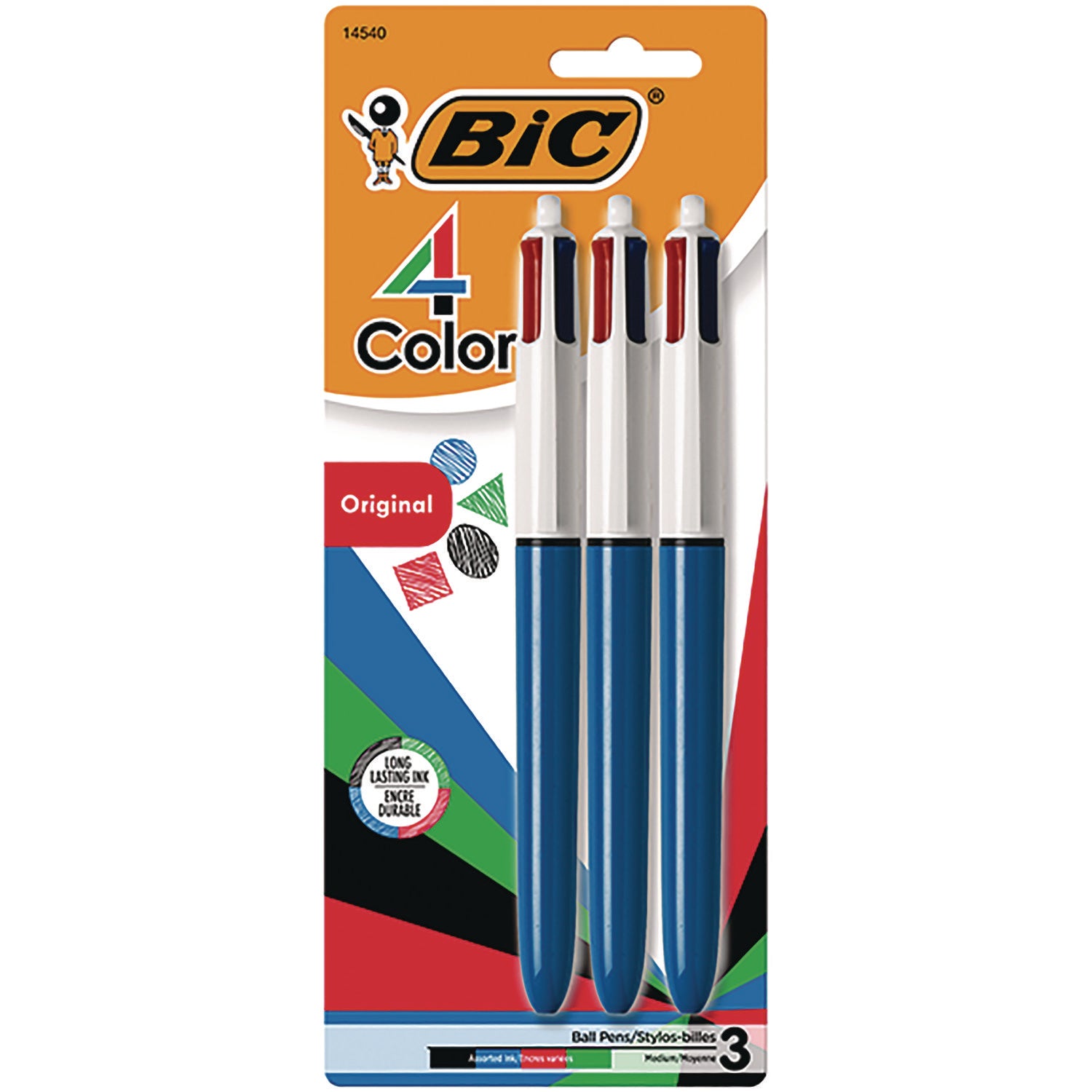 4-Color Multi-Color Ballpoint Pen, Retractable, Medium 1mm, Black/Blue/Green/Red Ink, Randomly Assorted Barrel Colors, 3/Pack - 
