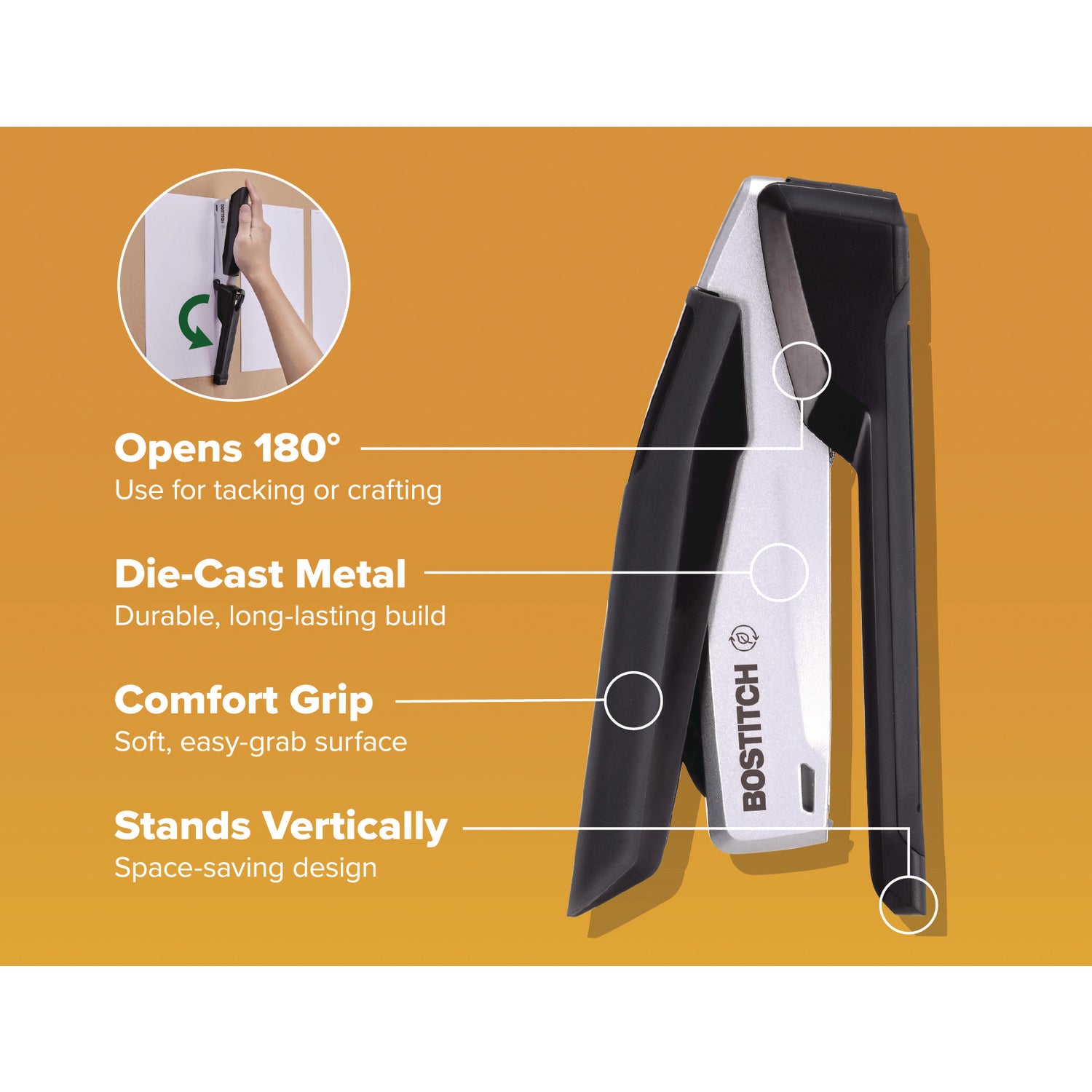 inPOWER+28 Executive One-Finger 3-in-1 Eco-Friendly Desktop Stapler, 28-Sheet Capacity, Black/Silver