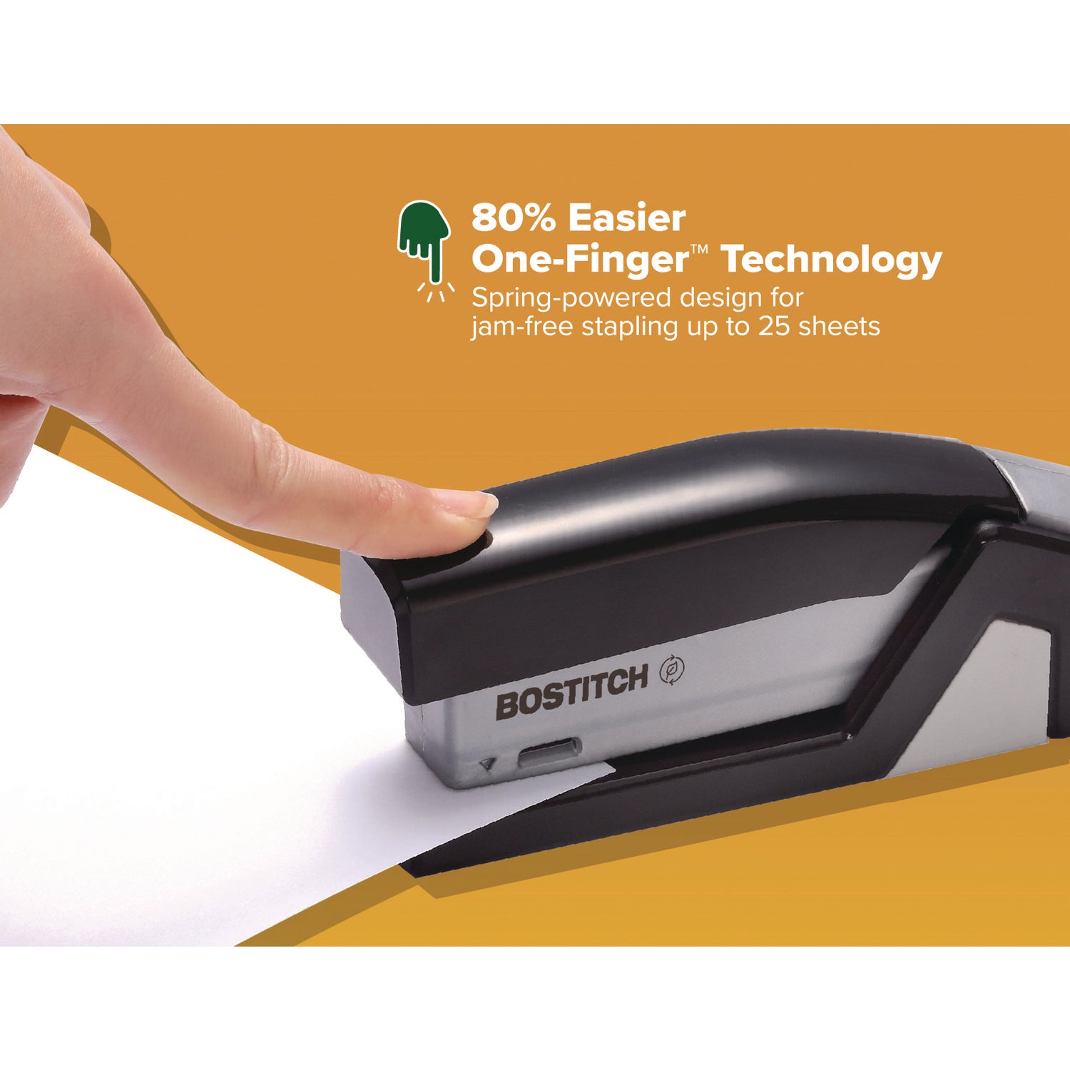 InJoy One-Finger 3-in-1 Eco-Friendly Compact Stapler, 20-Sheet Capacity, Black - 