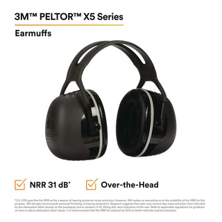 PELTOR X Series Earmuffs, Model X5A, 31 dB NRR, Black - 