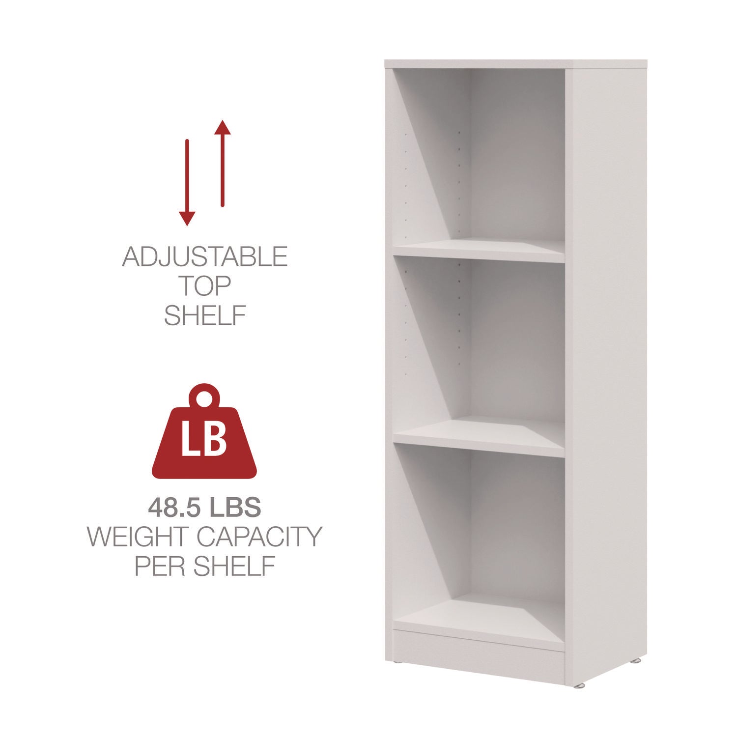 Three-Shelf Narrow-Footprint Bookcase, 15.75" x 11.42" x 44.33", White - 5