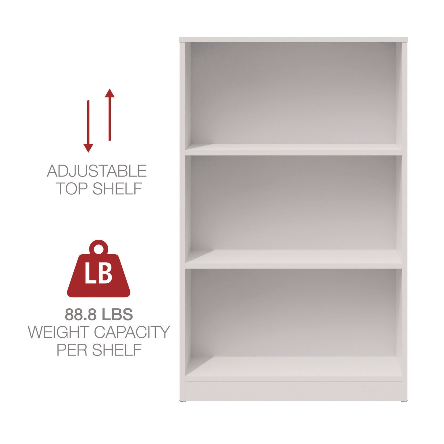 Three-Shelf Bookcase, 27.56" x 11.42" x 44.33", White - 5