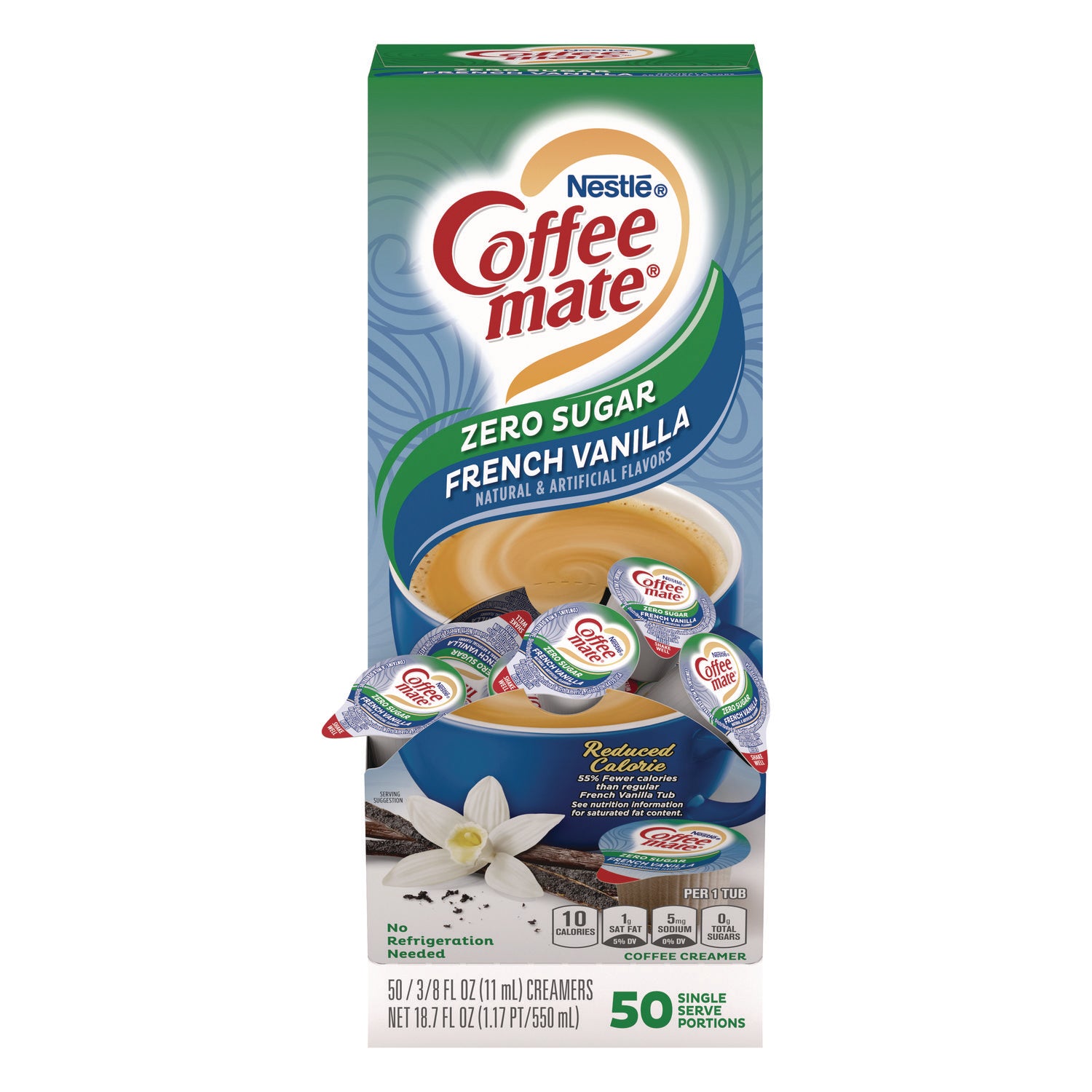 Liquid Coffee Creamer, Zero Sugar French Vanilla, 0.38 oz Mini Cups, 50/Box - 