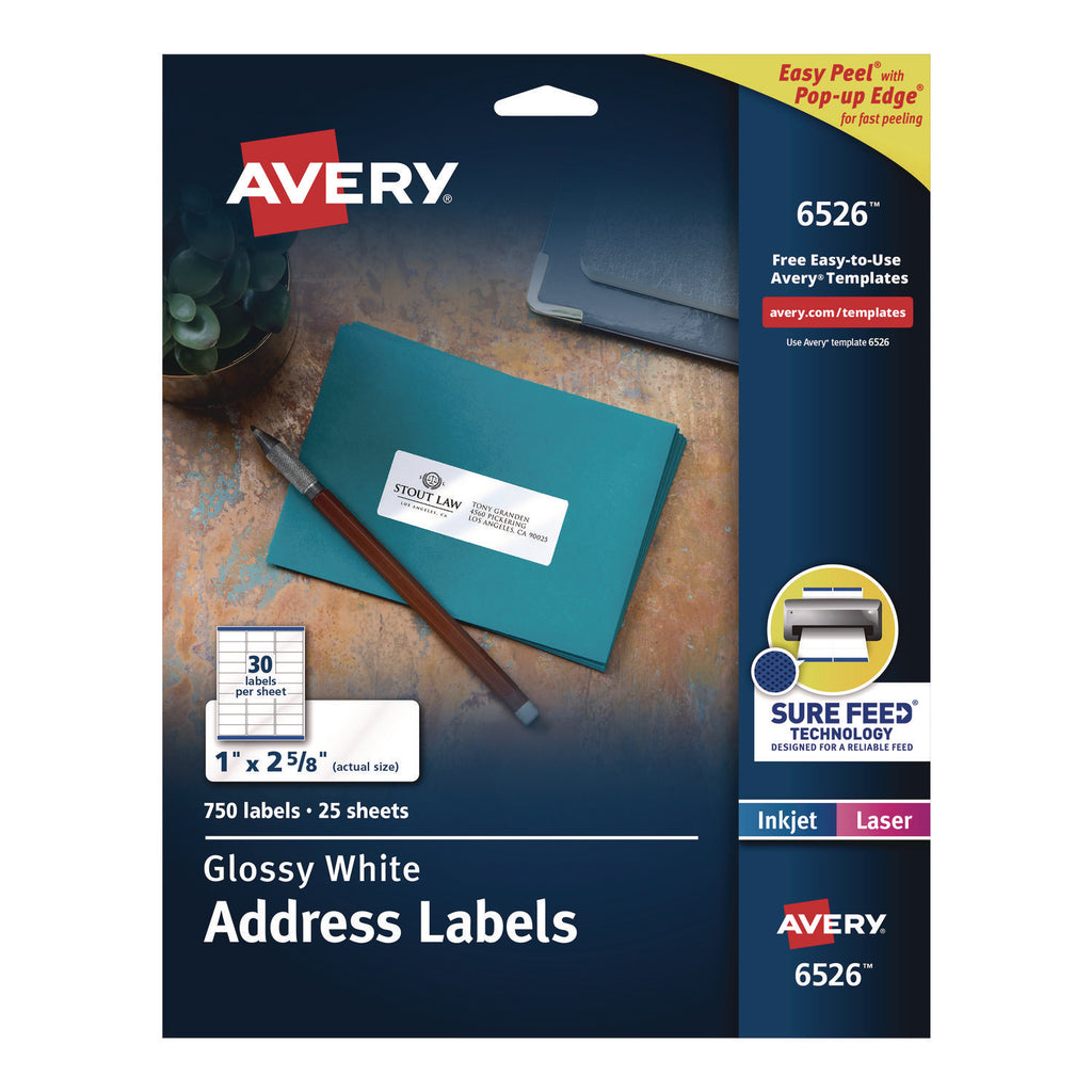 Glossy White Easy Peel Mailing Labels w/ Sure Feed Technology, Laser Printers, 1 x 2.63, White, 30/Sheet, 25 Sheets/Pack