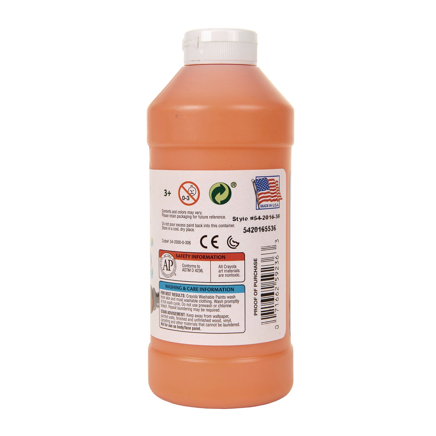 Washable Paint, Orange, 16 oz Bottle