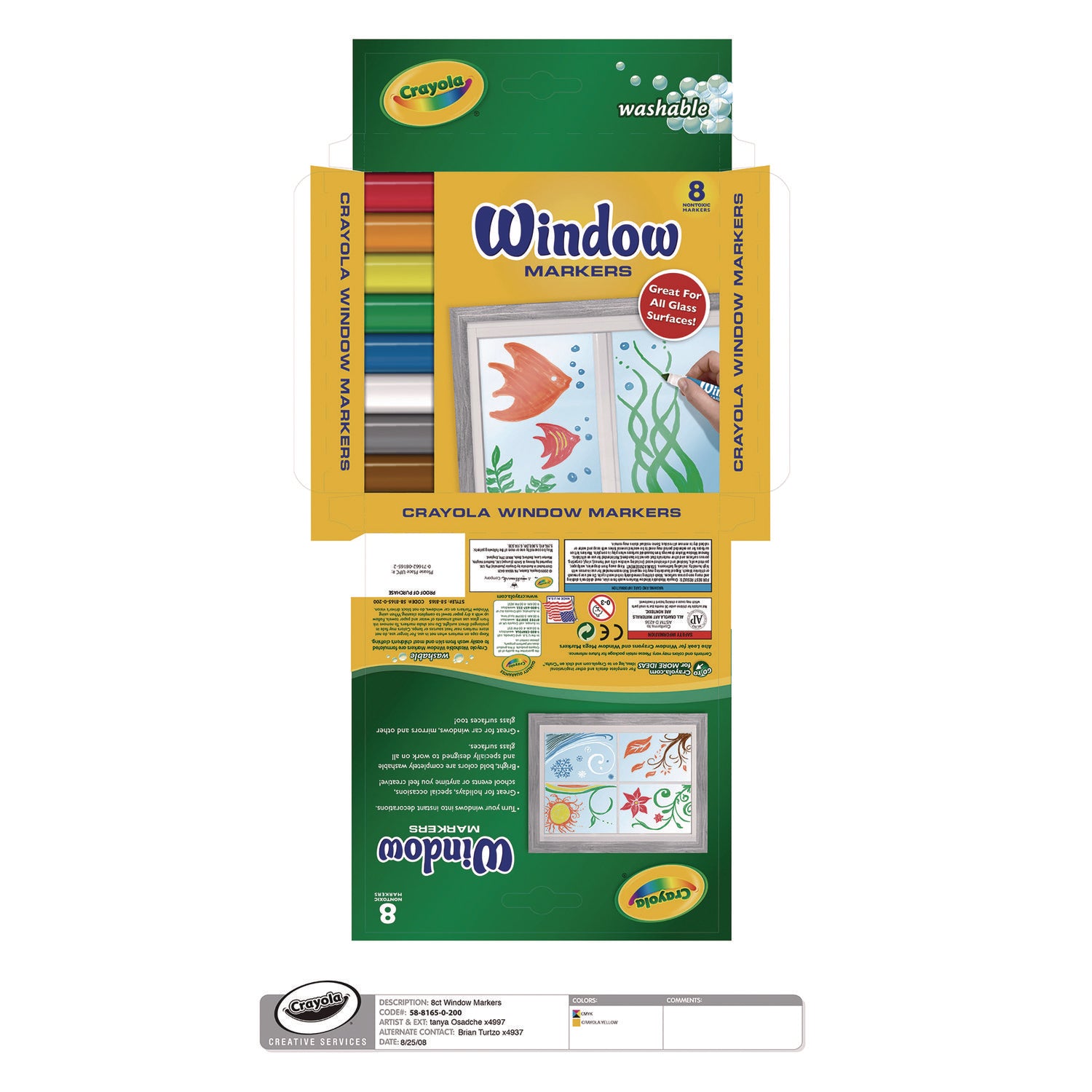 Washable Window FX Marker, Broad Bullet Tip, Assorted Colors, 8/Pack