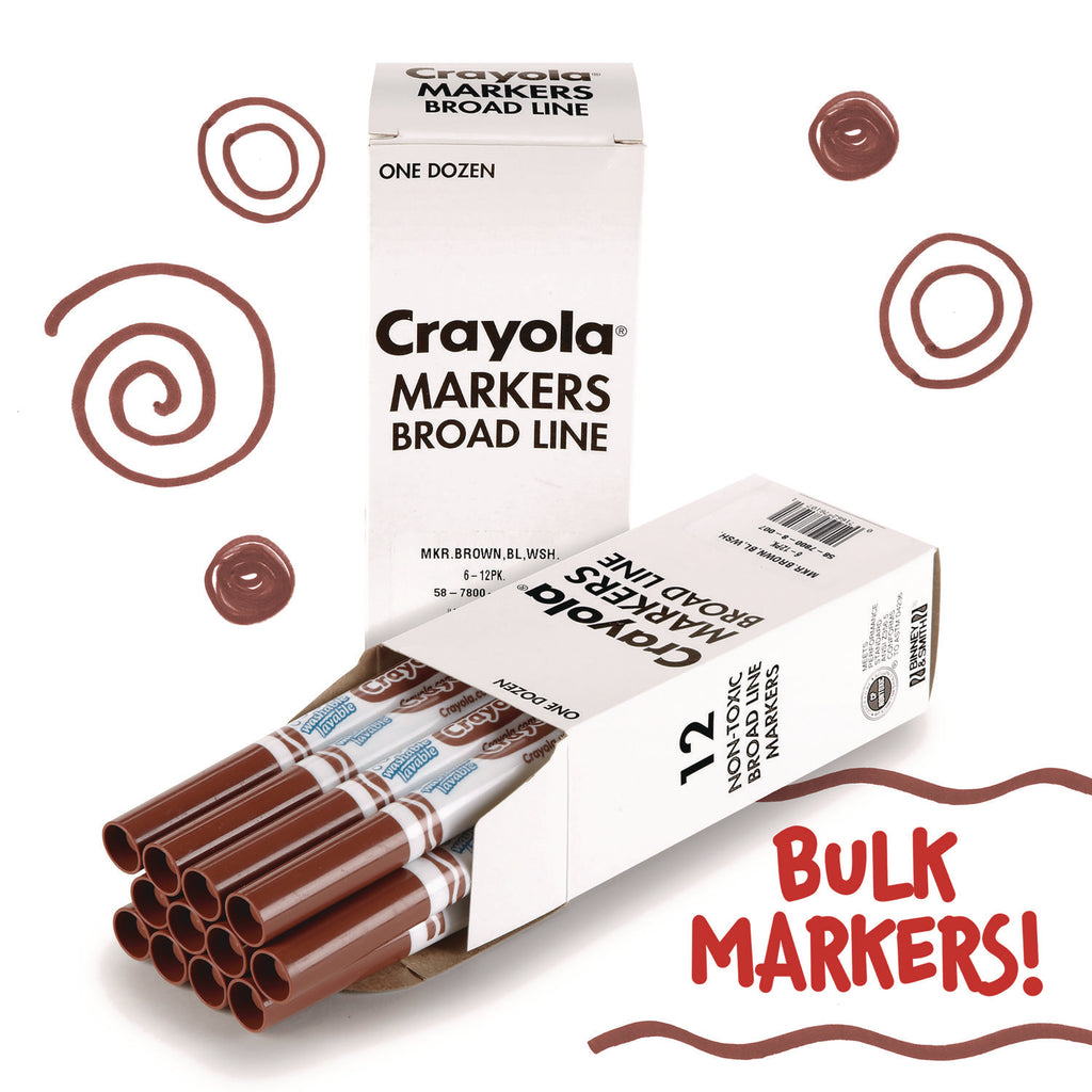 Broad Line Washable Markers, Broad Bullet Tip, Brown, 12/Box
