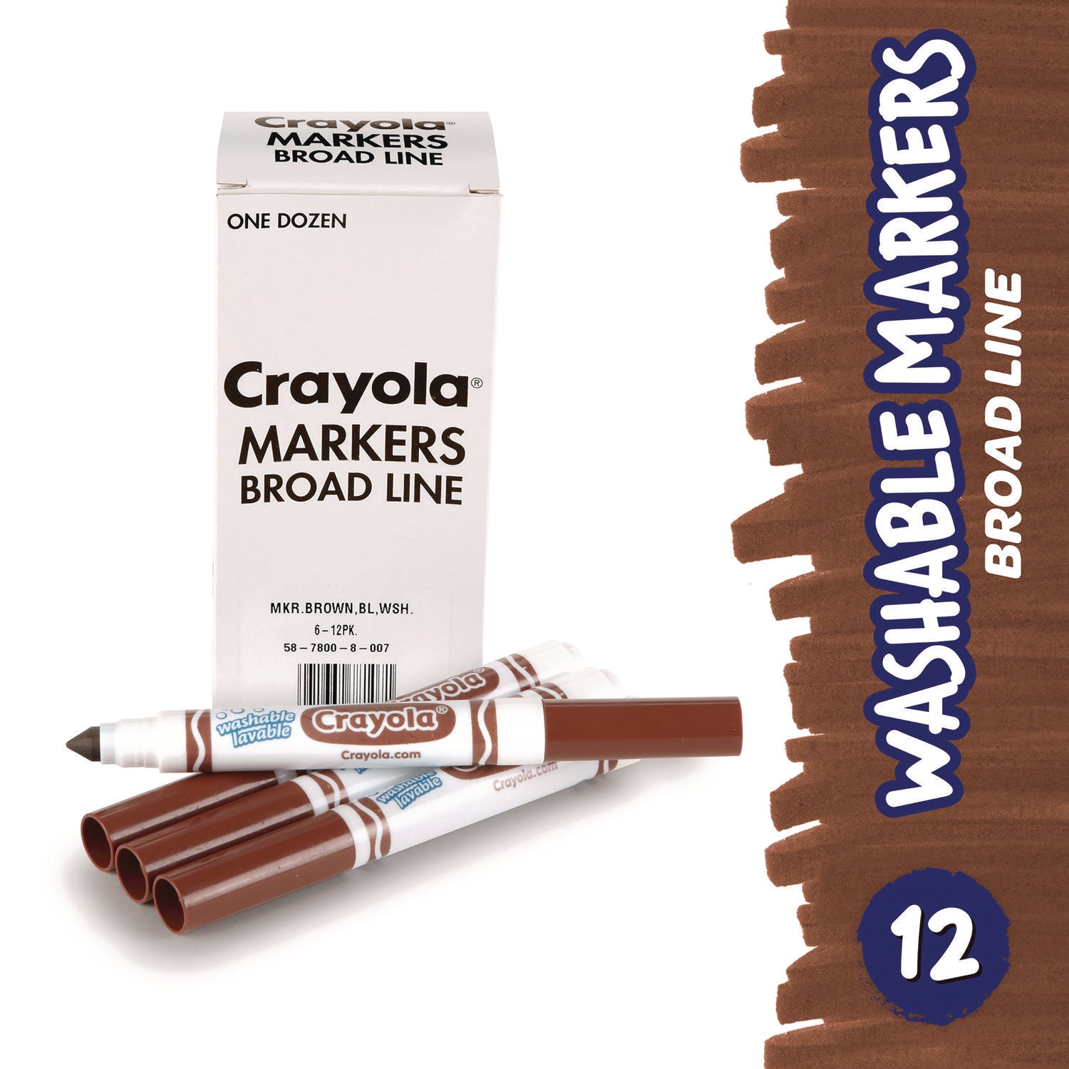 Broad Line Washable Markers, Broad Bullet Tip, Brown, 12/Box
