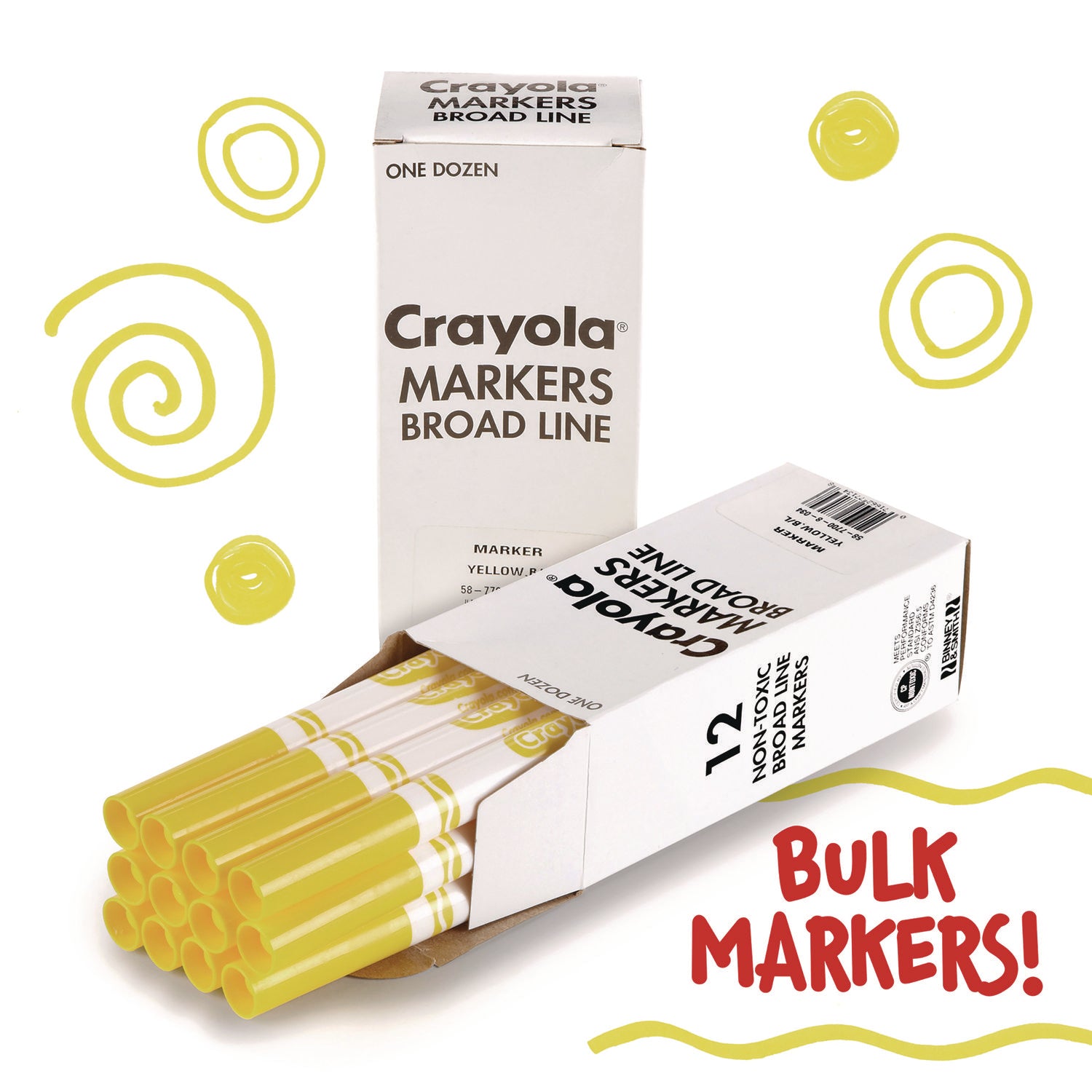 Broad Line Washable Markers, Broad Bullet Tip, Yellow, 12/Box