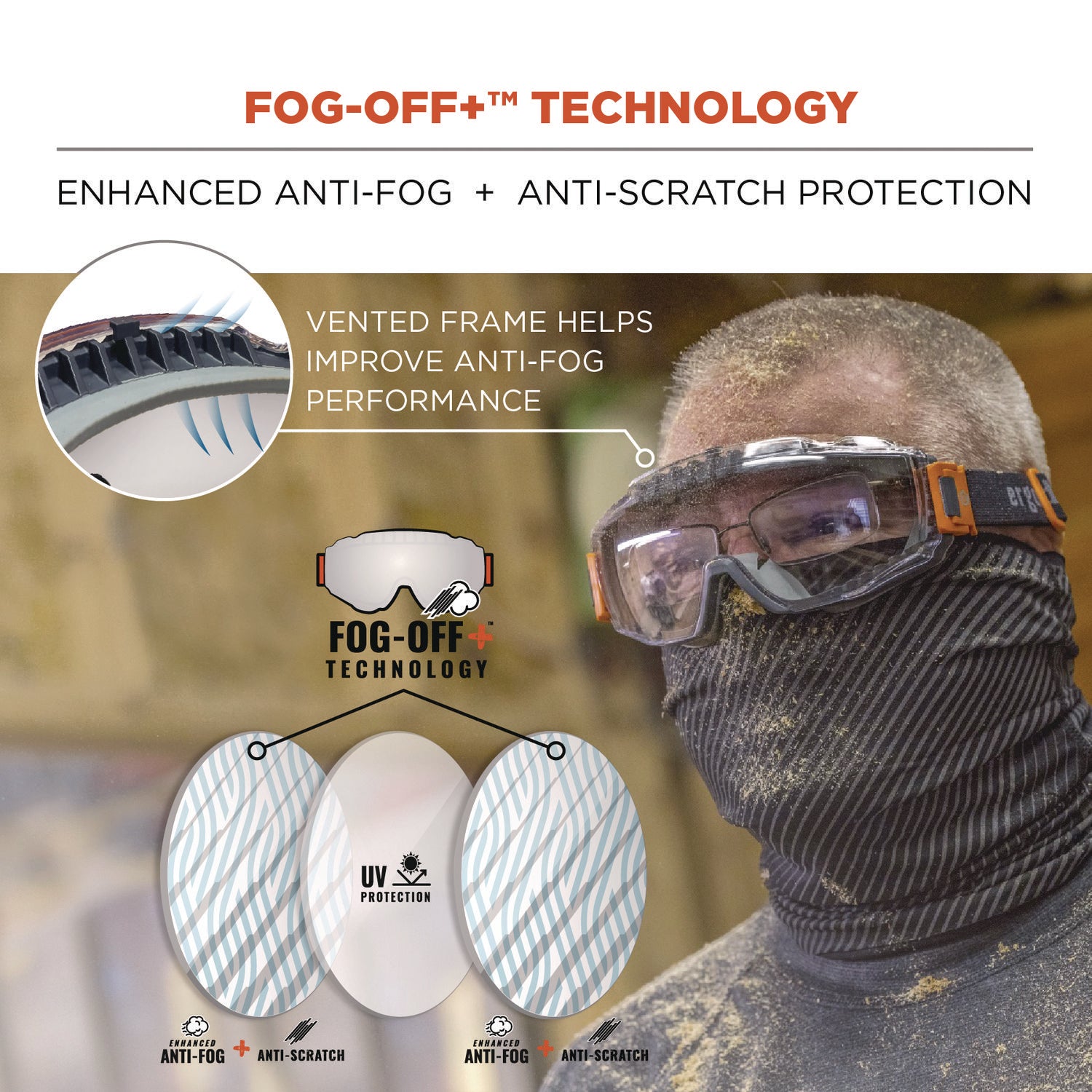 Skullerz MODI OTG Anti-Scratch/Enhanced Anti-Fog Safety Goggles with Elastic Strap, Clear Lens, Ships in 1-3 Business Days