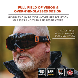 Skullerz MODI OTG Anti-Scratch/Enhanced Anti-Fog Safety Goggles with Elastic Strap, Smoke Lens, Ships in 1-3 Business Days