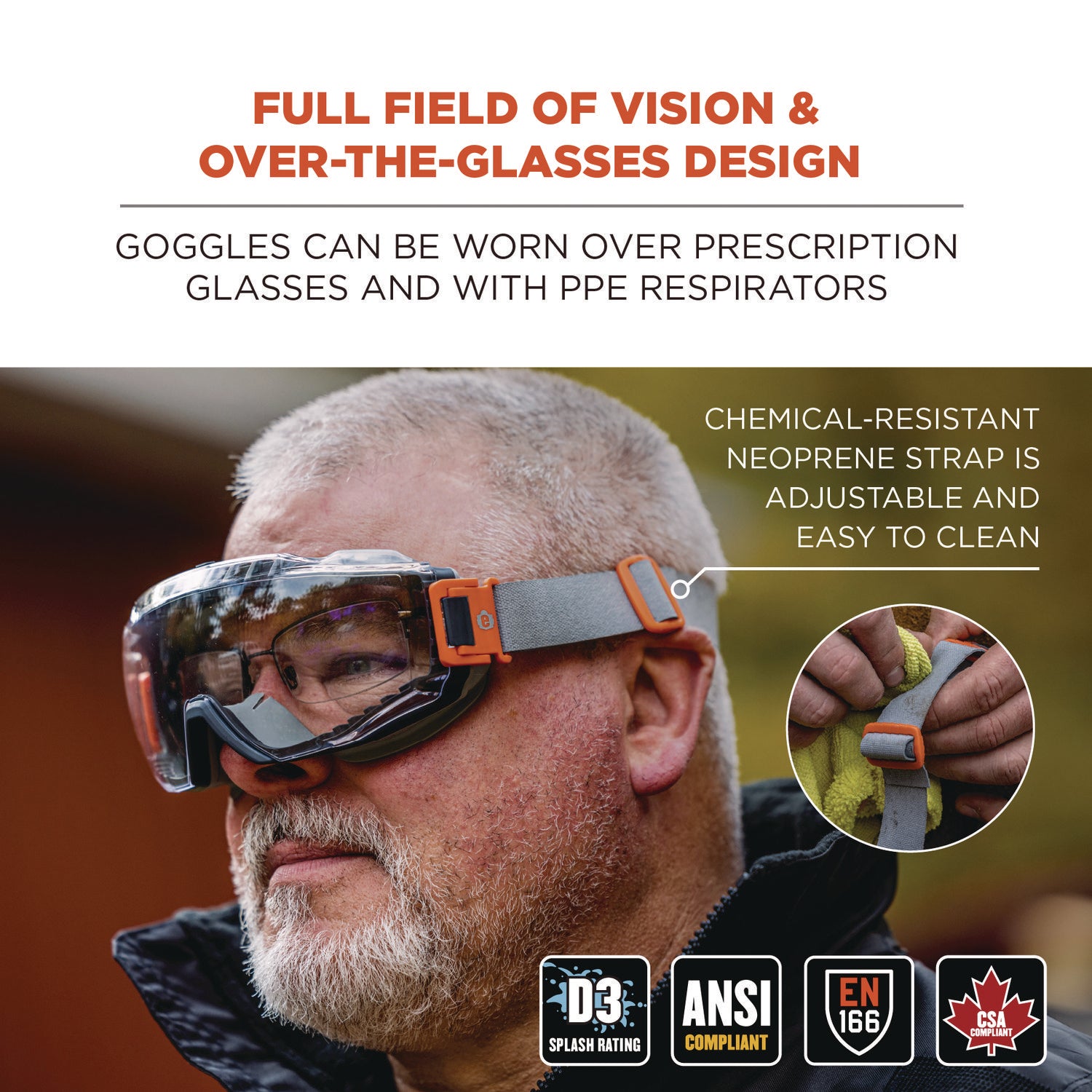 Skullerz MODI OTG Anti-Scratch and Enhanced Anti-Fog Safety Goggles with Neoprene Strap, Clear Lens, Ships in 1-3 Bus Days