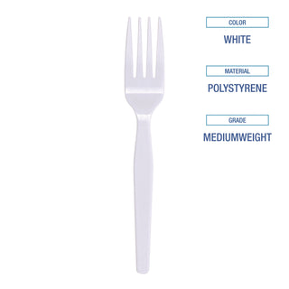 Mediumweight Polystyrene, Fork, White, 10 Boxes of 100/Carton