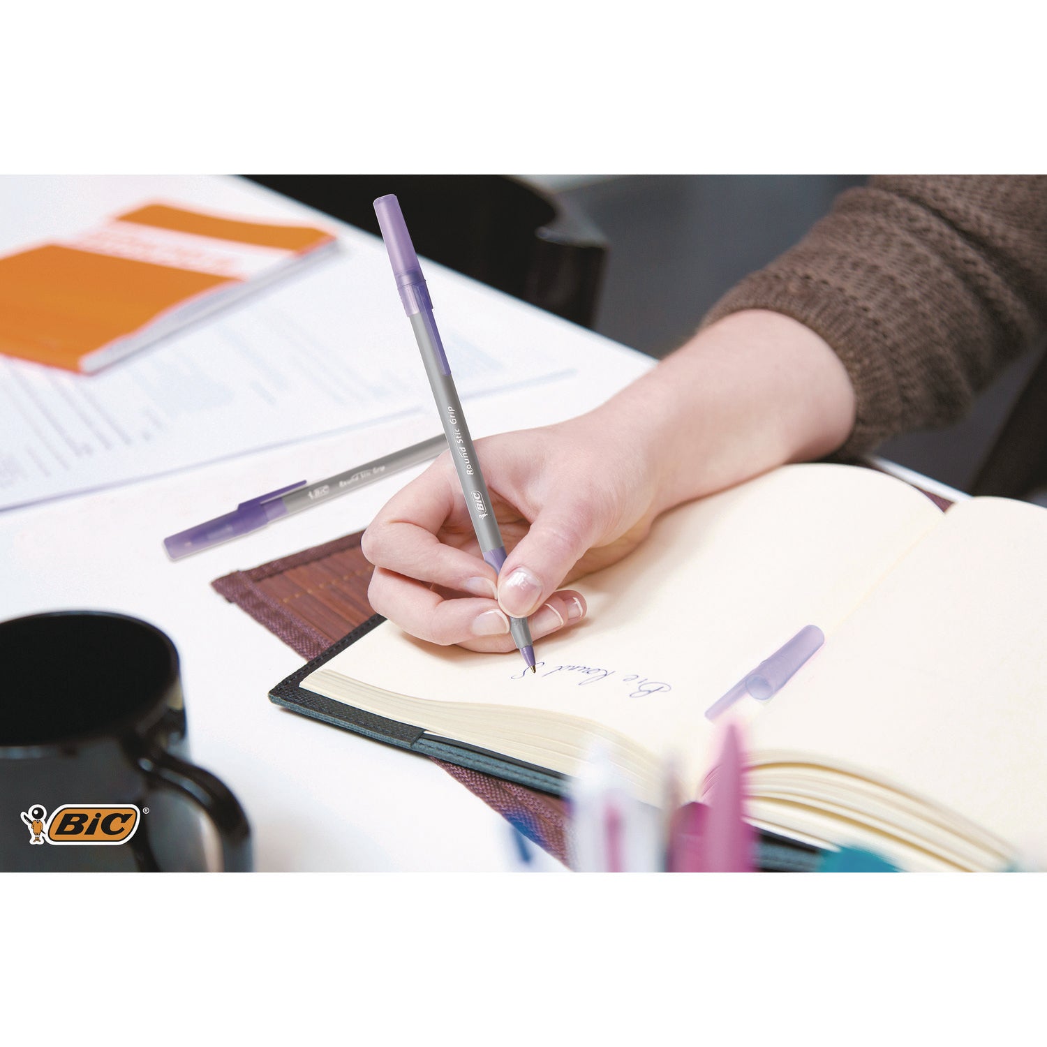 Round Stic Grip Xtra Comfort Ballpoint Pen, Easy-Glide, Stick, Medium 1.2 mm, Purple Ink, Gray/Purple Barrel, Dozen