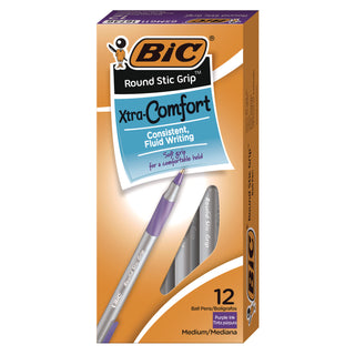 Round Stic Grip Xtra Comfort Ballpoint Pen, Easy-Glide, Stick, Medium 1.2 mm, Purple Ink, Gray/Purple Barrel, Dozen