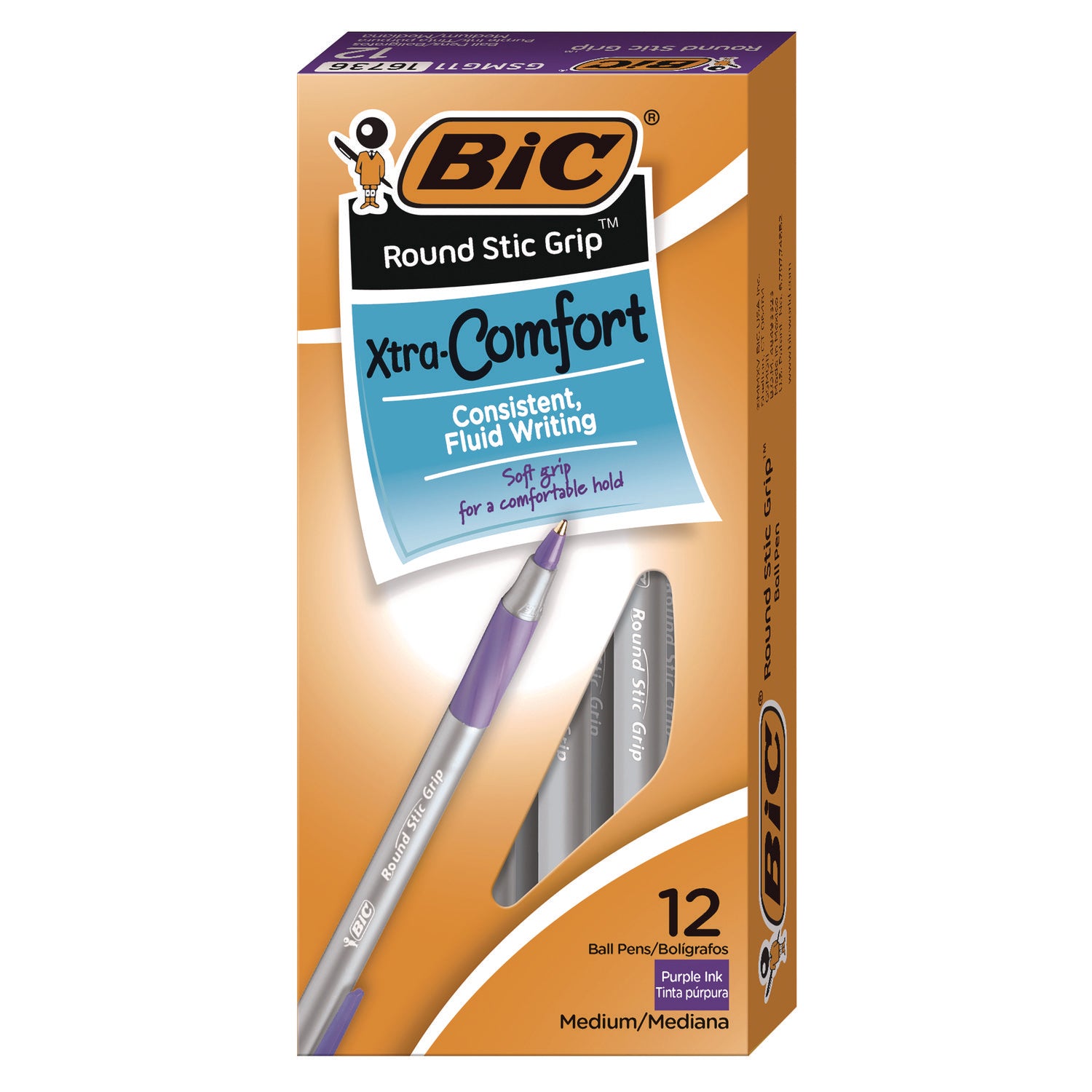Round Stic Grip Xtra Comfort Ballpoint Pen, Easy-Glide, Stick, Medium 1.2 mm, Purple Ink, Gray/Purple Barrel, Dozen