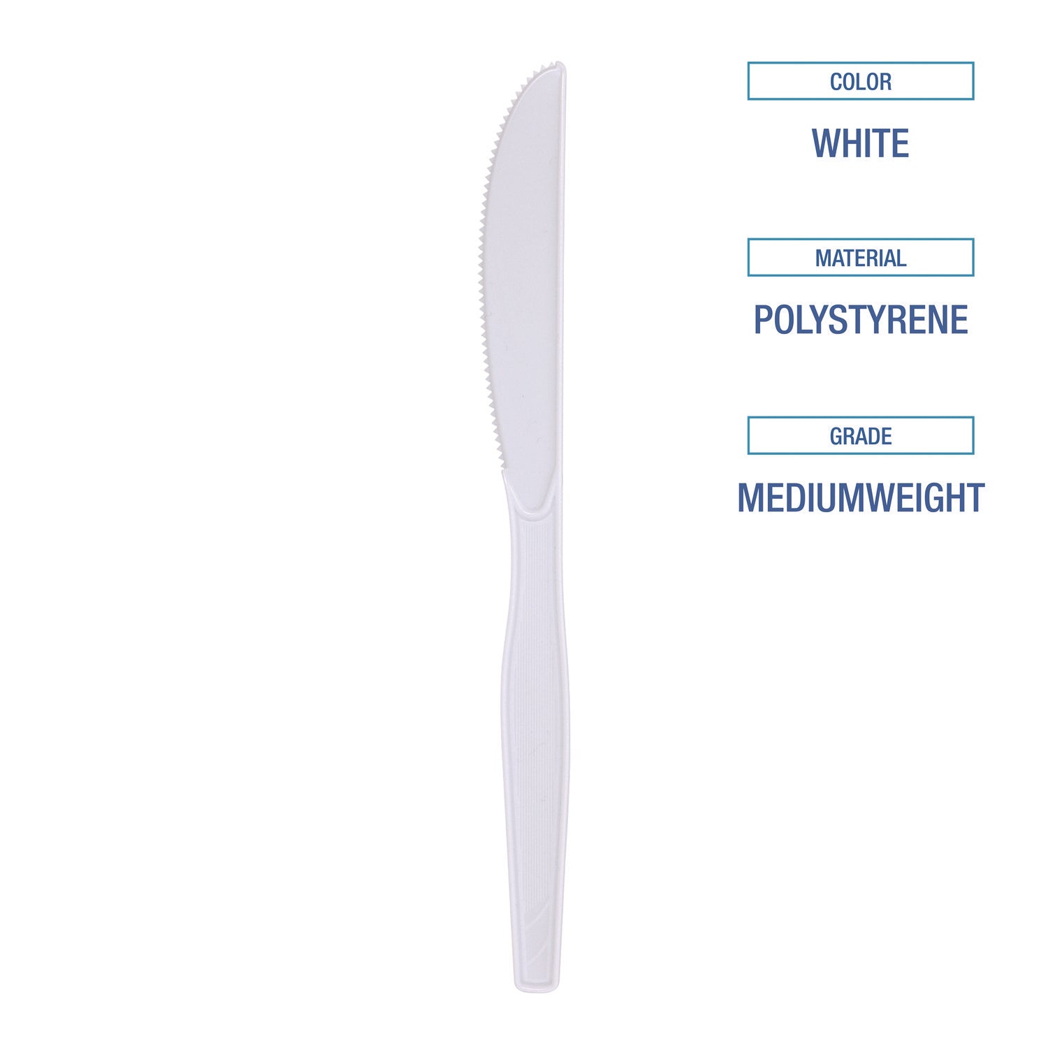 Mediumweight Polystyrene Cutlery, Knife, White, 10 Boxes of 100/Carton