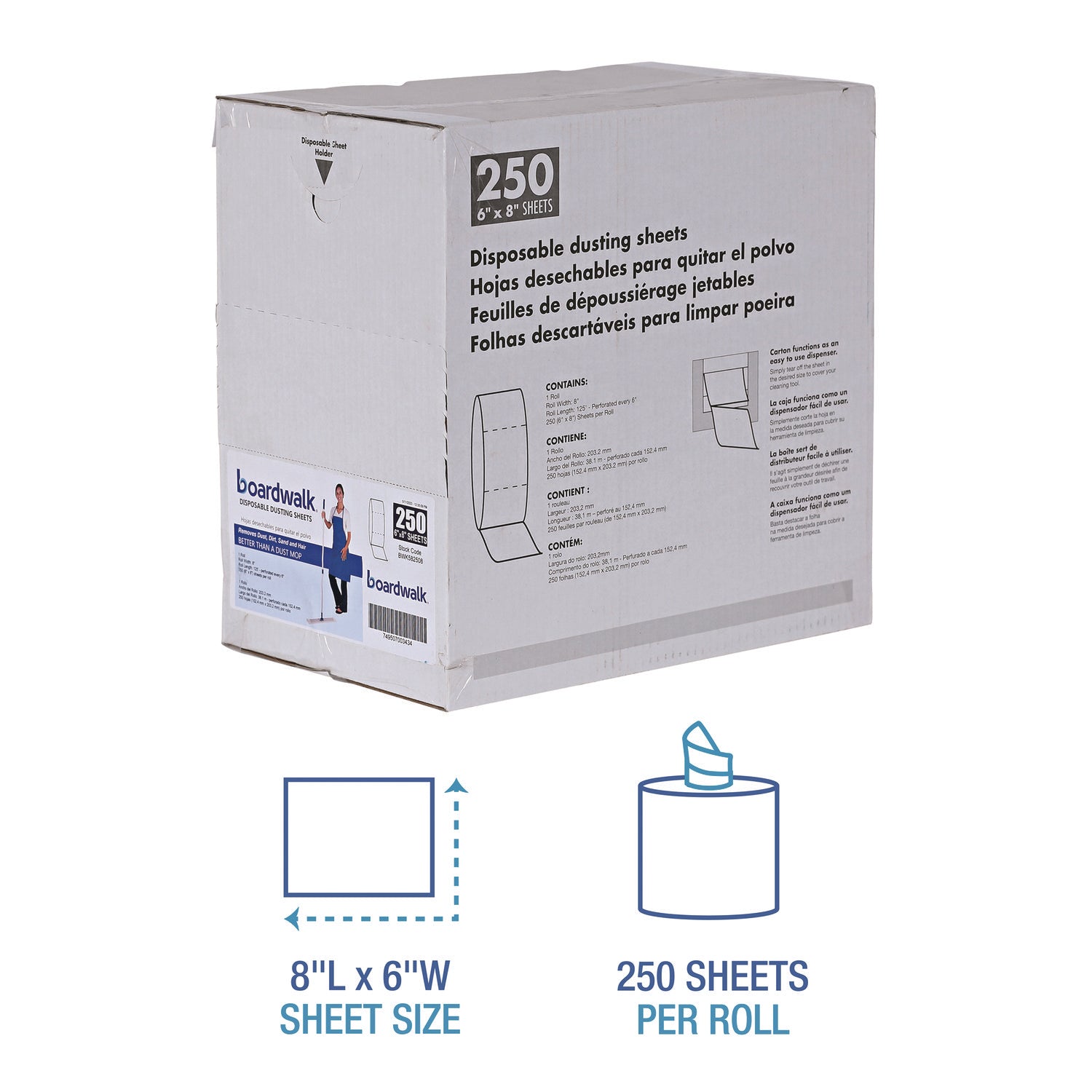 TrapEze Disposable Dusting Sheets, 8" x 125 ft, White, 250 Sheets/Roll,