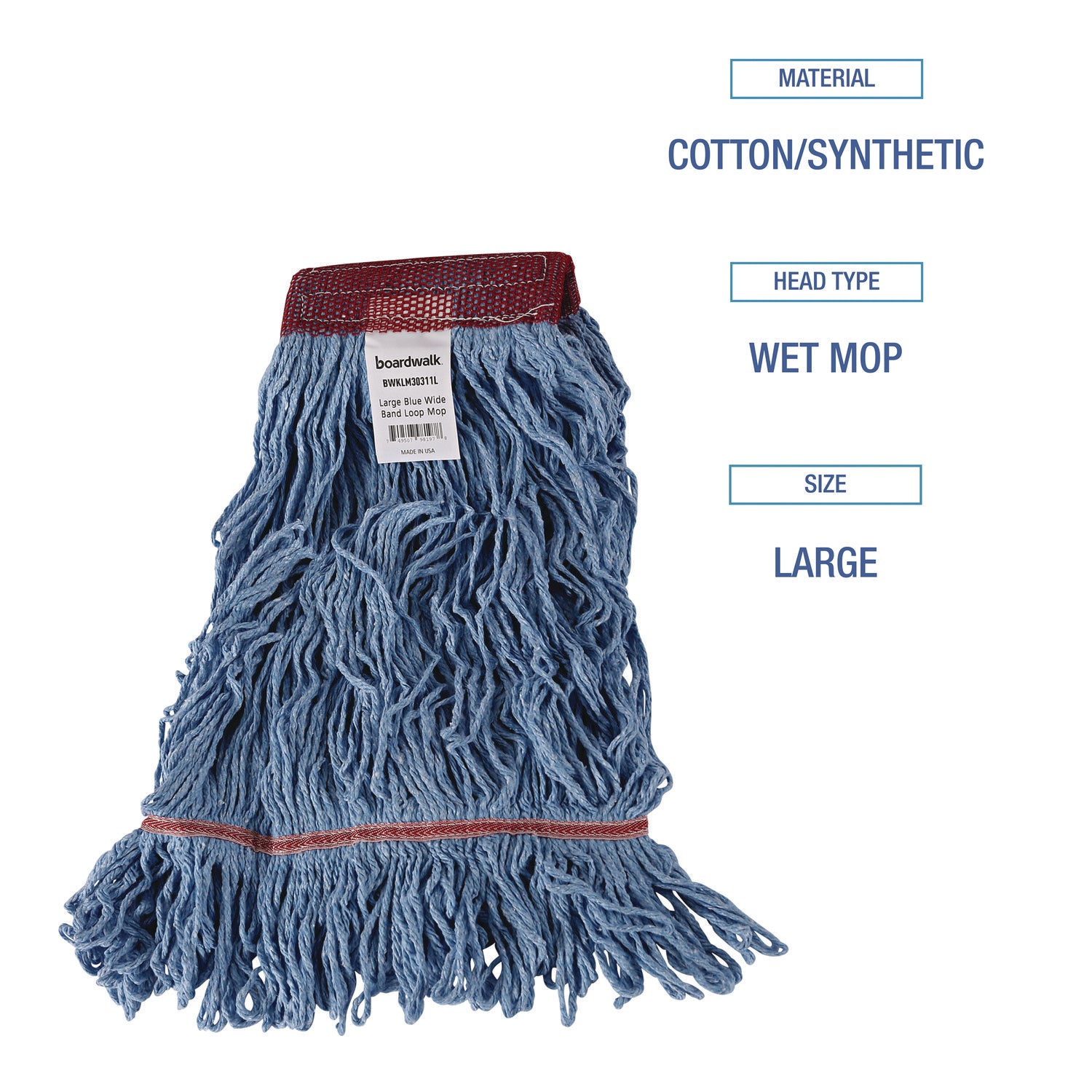 Cotton Mop Heads, Cotton/Synthetic, Large, Looped End, Wideband, Blue, 12/CT
