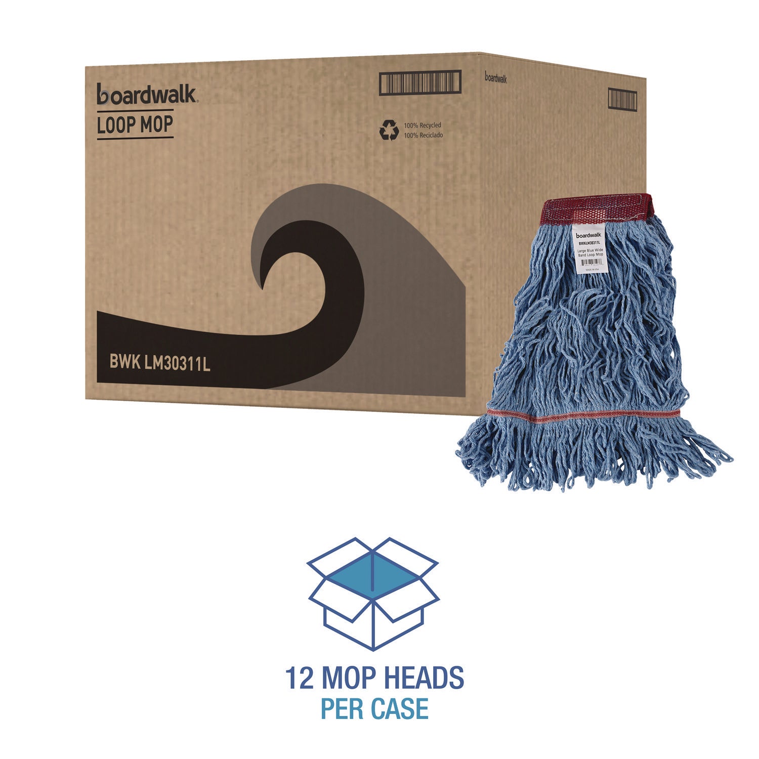 Cotton Mop Heads, Cotton/Synthetic, Large, Looped End, Wideband, Blue, 12/CT