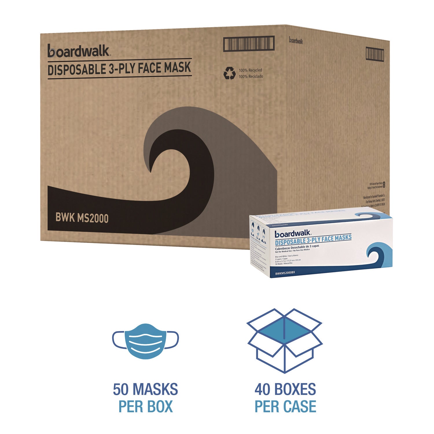 Three-Ply General Use Face Mask, Blue, 50/Box, 40 Boxes/Carton